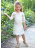 Ivory Lace Knee Length Flower Girl Dress With Detachable Tulle Train